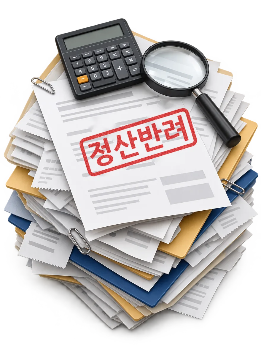 「정산반려」 도장이 찍힌 증빙 서류 더미와 계산기, 돋보기