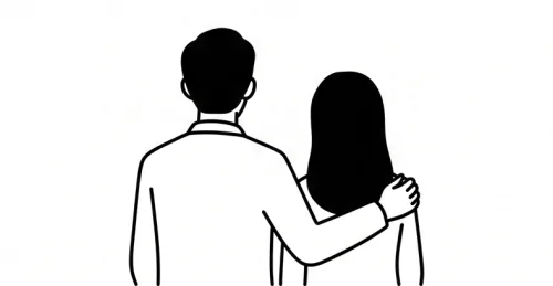 어깨동무한 채 뒷모습으로 팀을 바라보는 라○○우 대표 부부