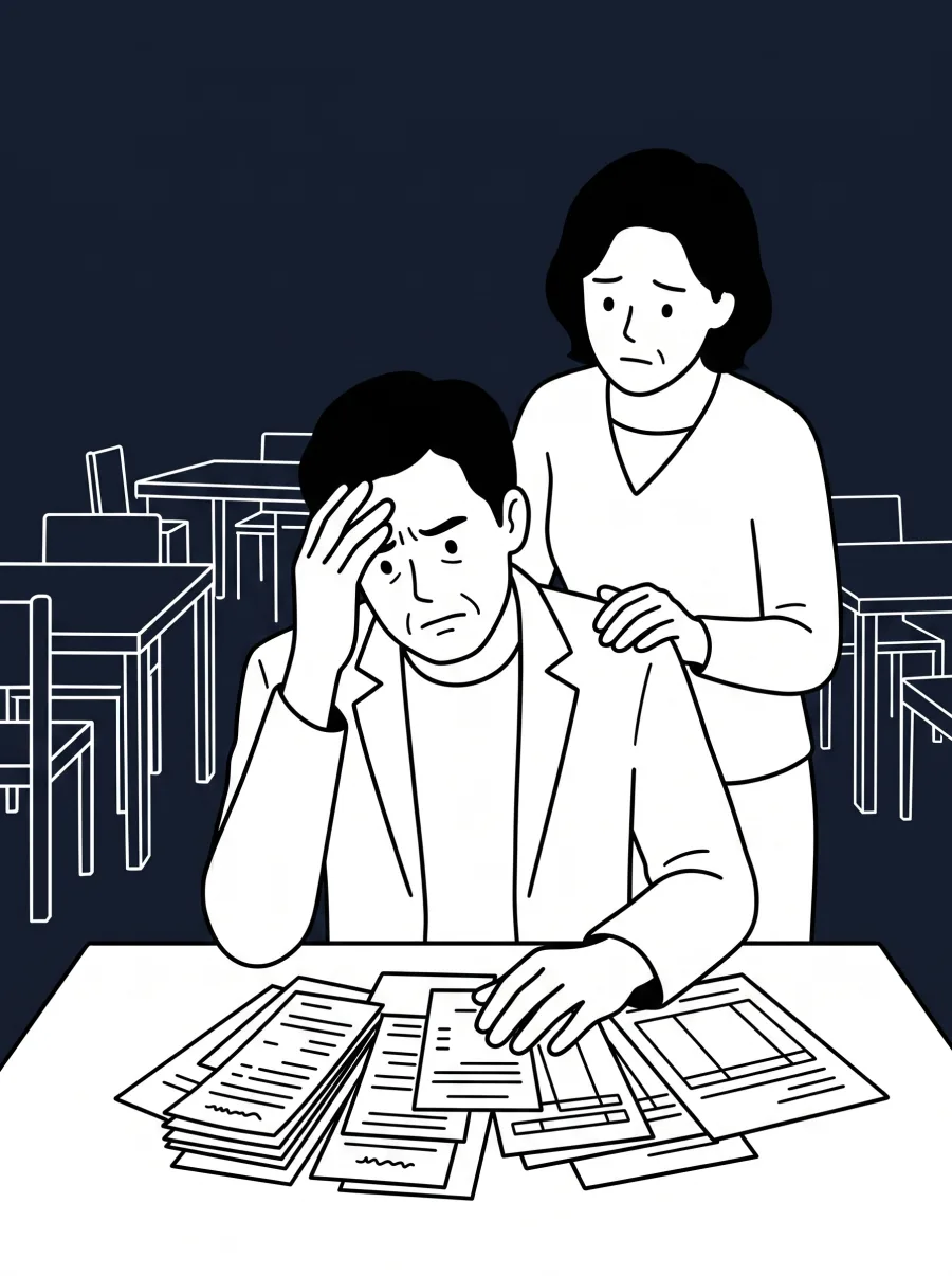 늦은 밤 정산 서류 앞에서 이마를 짚고 근심하는 대표와 어깨에 손을 얹고 걱정스럽게 지켜보는 배우자