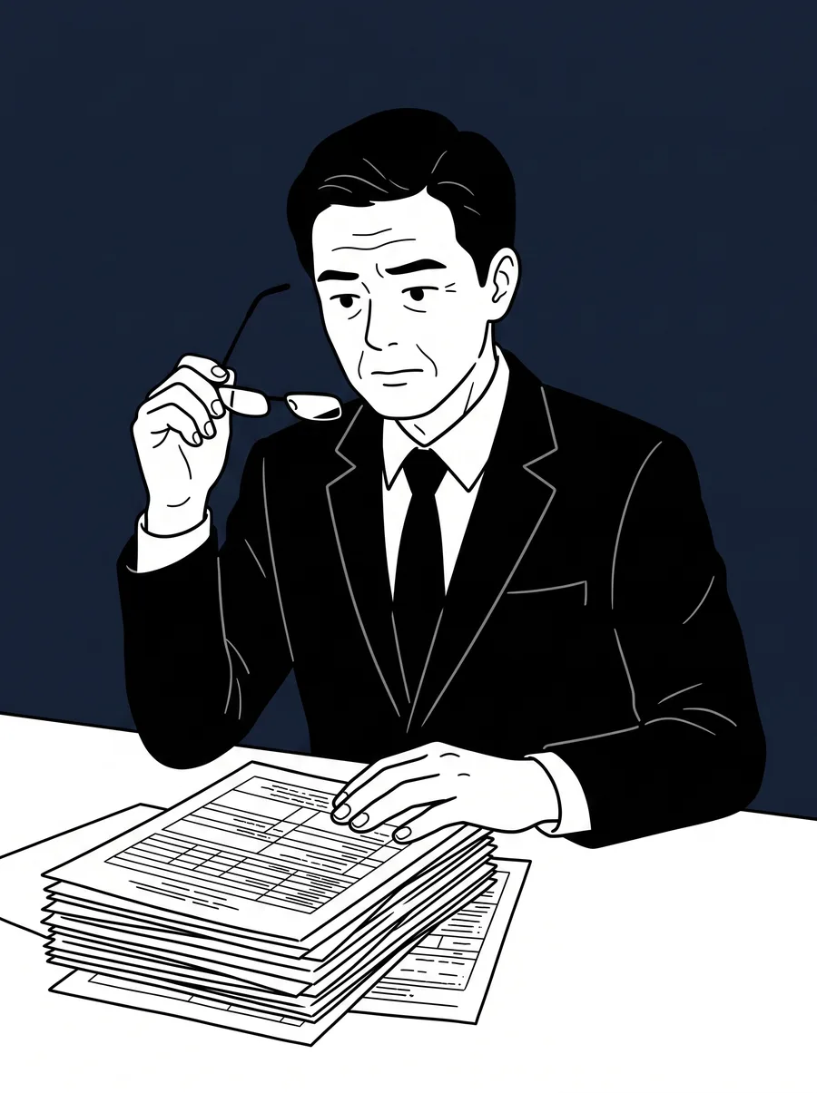 다크네이비 배경에서 안경을 들고 정부지원 서류 더미를 내려다보는 별○○미 대표의 웹툰 컷, 낯선 언어를 마주한 담담한 표정